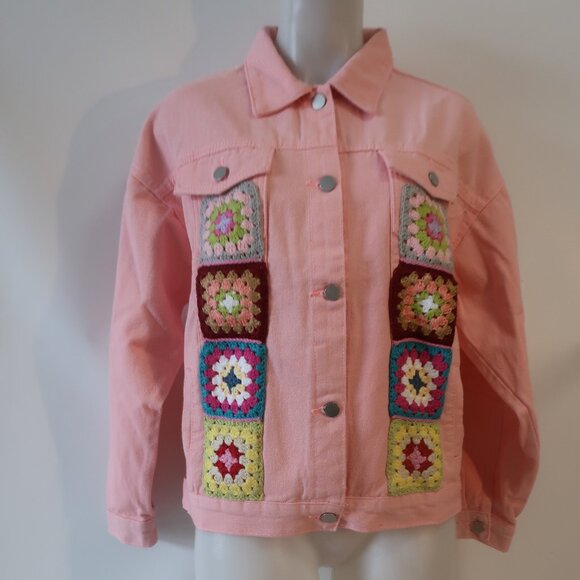 Regina Jackets & Blazers - NWT Womens Regina (Item- 217) Pink Multicolor Crochet Motif Denim Jacket L